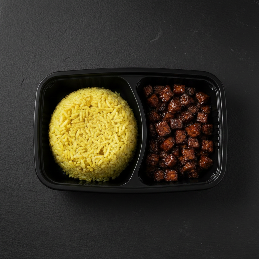 Nasi Kuning met kleine tempehstukjes in ketjapsaus in zwarte 2-vaks maaltijdbox
