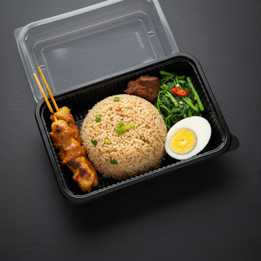 Nasi Rames in zwarte afhaalmaaltijdbak