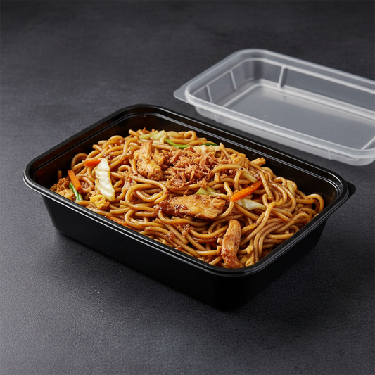Bami goreng in zwarte afhaalmaaltijdbak