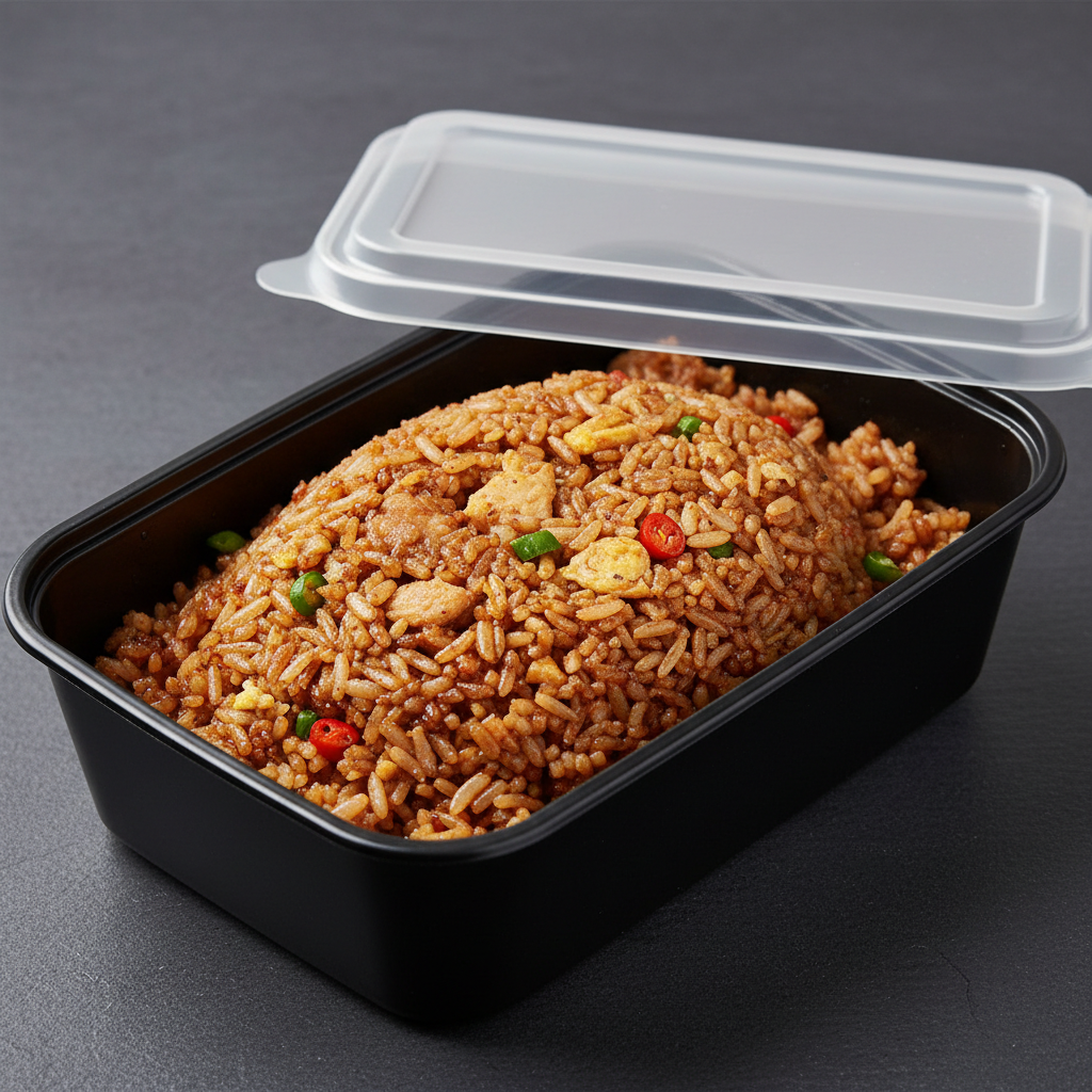 Nasi goreng in zwarte afhaalmaaltijdbak