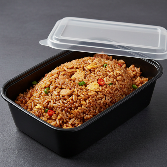 Nasi goreng in zwarte afhaalmaaltijdbak