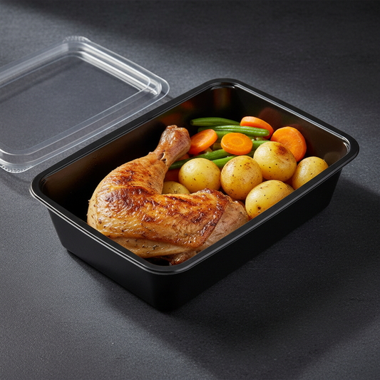 Gegrilde kip menu in zwarte afhaalmaaltijdbak